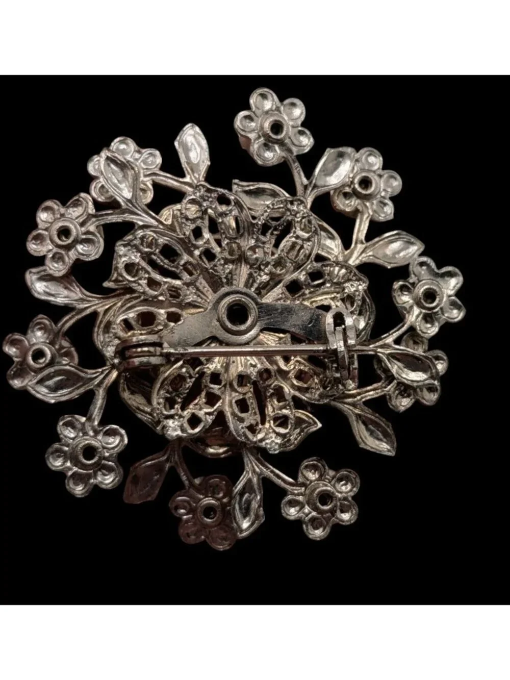 Vintage Floral Rhinestone Brooch Silver Midcentury Glam Pin